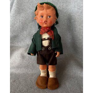 Vintage Goebel Hummel Vinyl School Boy Doll 11" Tall Green Jacket & Felt Hat